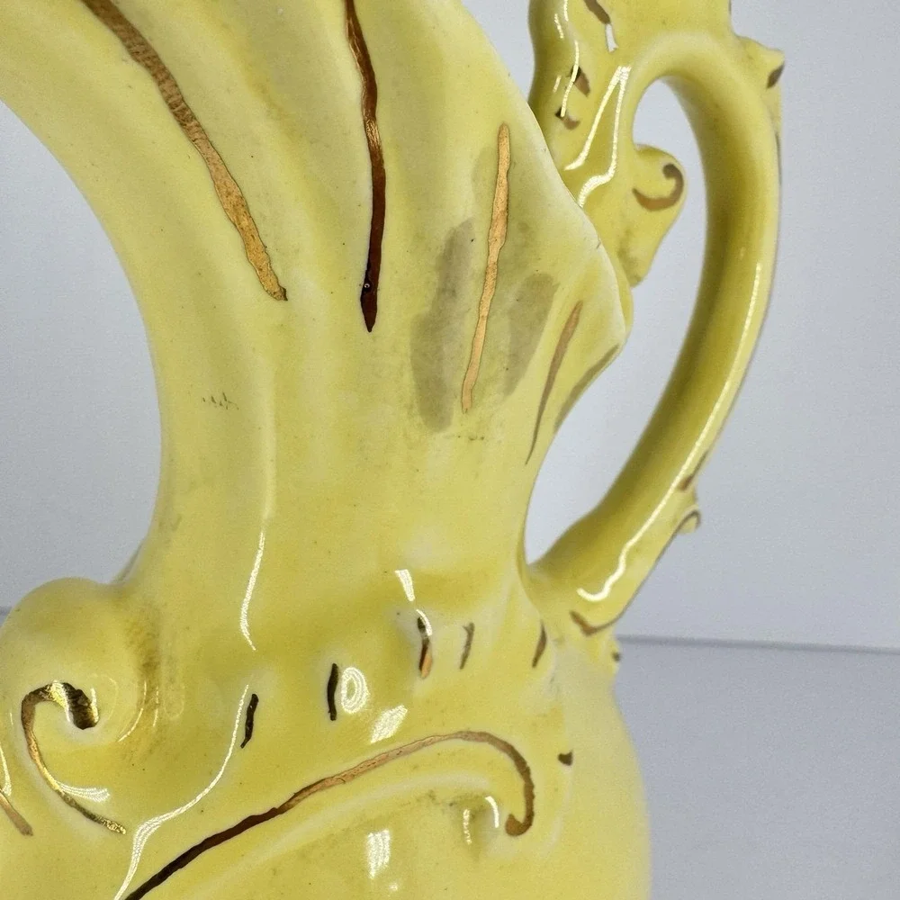 Yellow Ceramic Ewer‎ Pitcher Vase Ornate Floral Scrollwork Rococo Cottage Decor